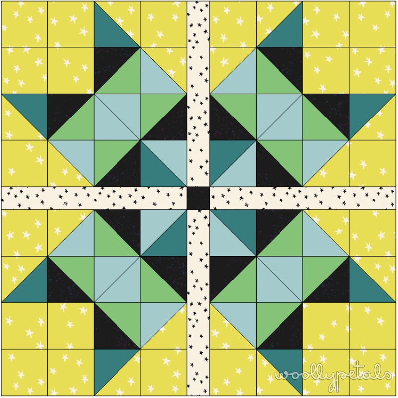 Woollypetals Starfy quilt pattern featuring a giant sawtooth star with prismatic blocks
