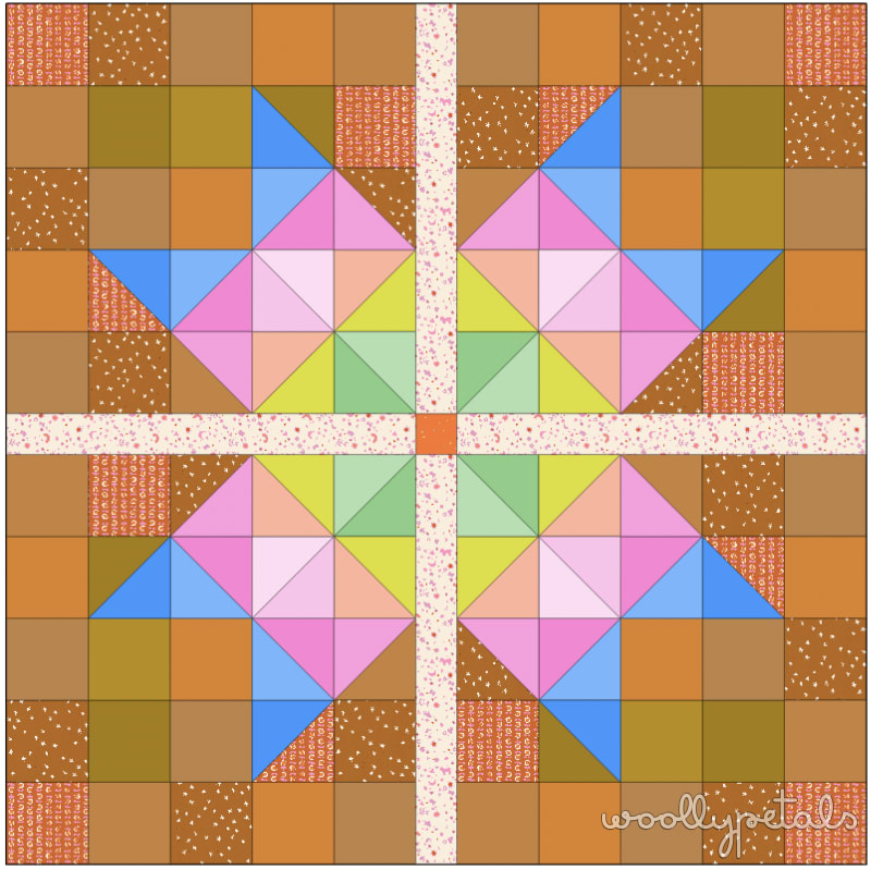 Woollypetals Starfy quilt with prismatic sawtooth star blocks in pink, yellow, green, and blue