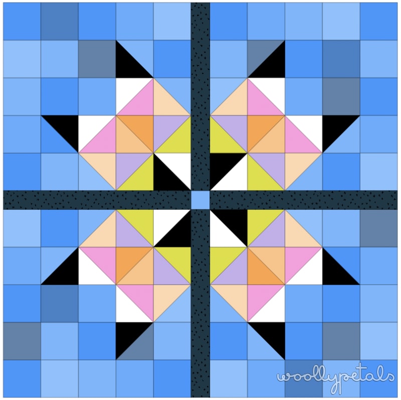 Woollypetals Starfy quilt with giant sawtooth star in prismatic colors