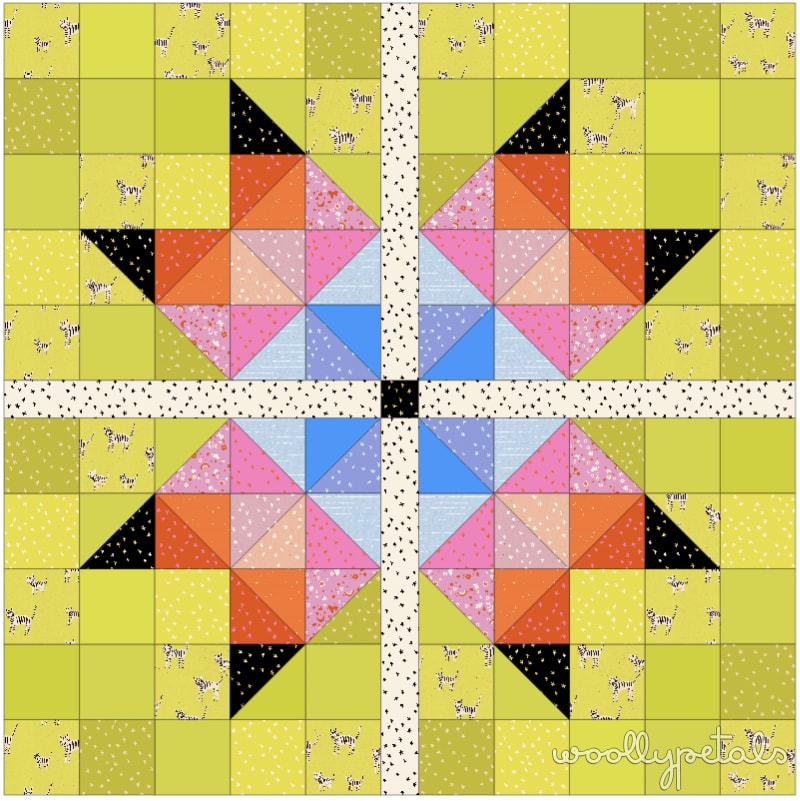 Woollypetals Starfy quilt with colorful prismatic sawtooth star and yellow background