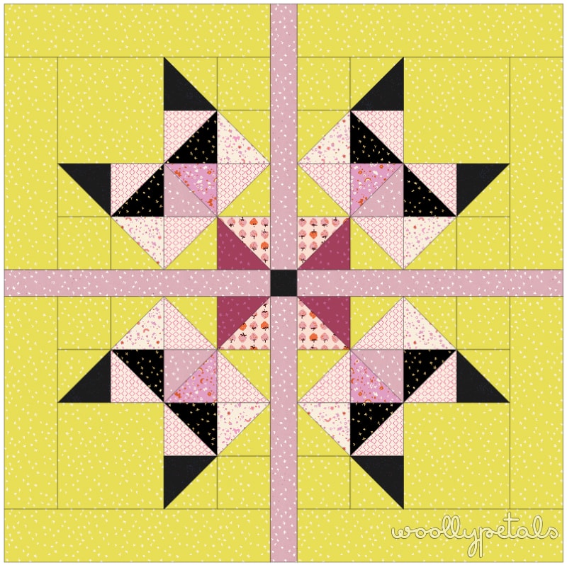 Woollypetals Starfy quilt pattern with prismatic sawtooth star blocks in yellow, pink, black and cream