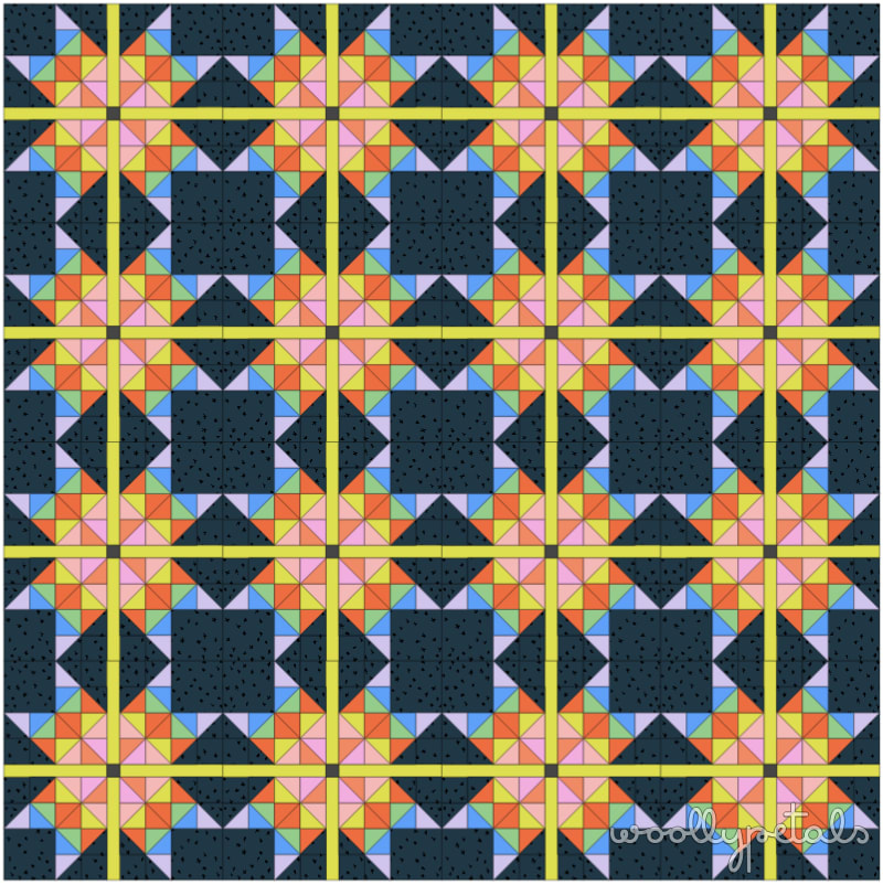 Woollypetals Starfy quilt with colorful sawtooth star blocks and yellow sashing