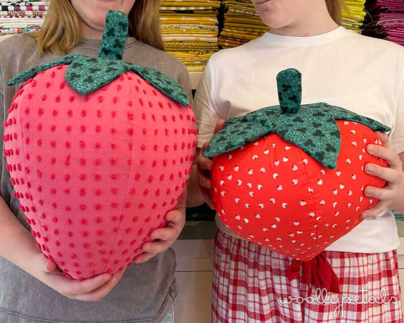 Woollypetals Strawberry Pillow Pattern in pink and red with textured fabric
