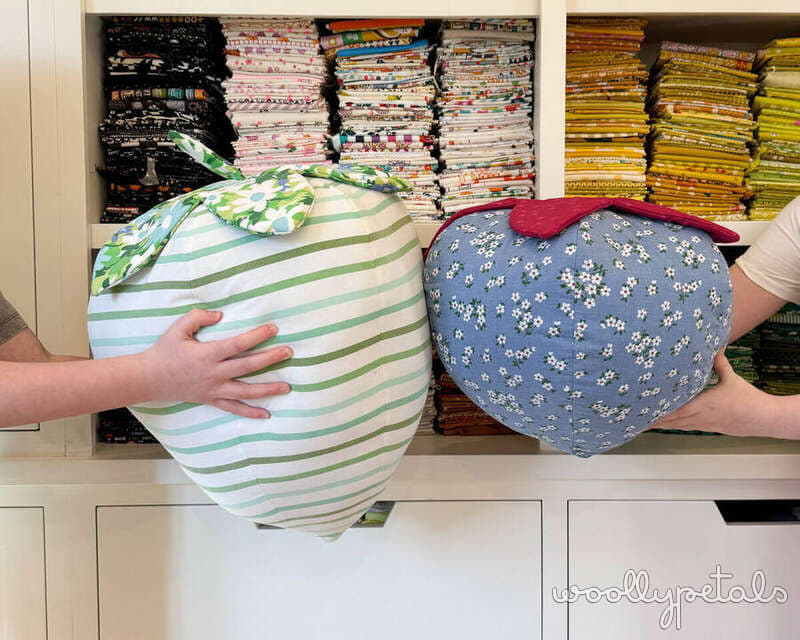 Woollypetals Strawberry Pillow Pattern in green striped and blue floral fabrics
