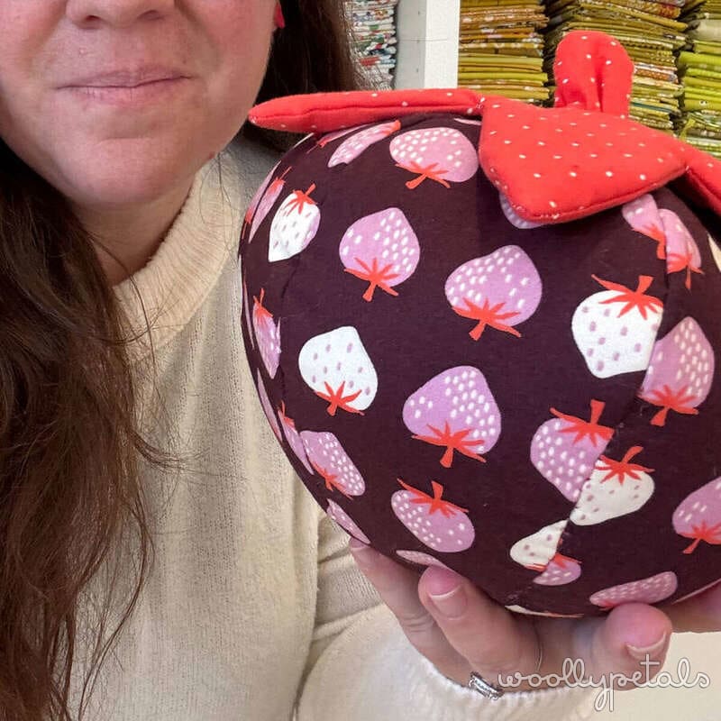 Woollypetals Strawberry Pillow with red polka dot bow