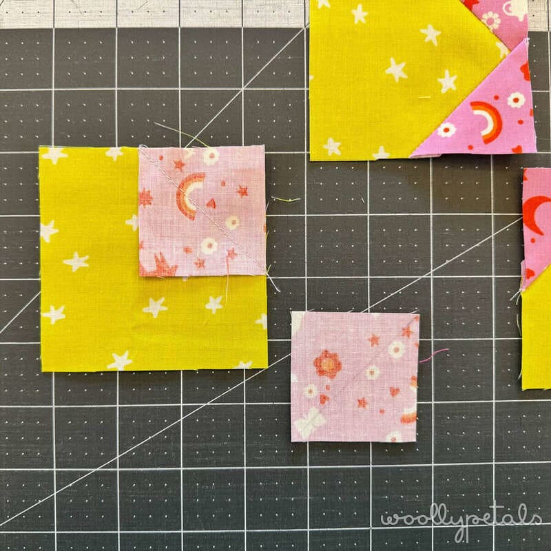 Woollypetals New Star quilt Stitch'N'Flip technique with yellow and pink fabric squares
