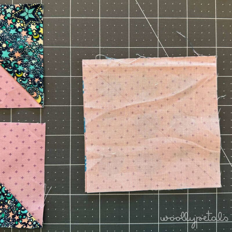 Woollypetals New Star Quilt stitch'n'flip technique demonstration on cutting mat