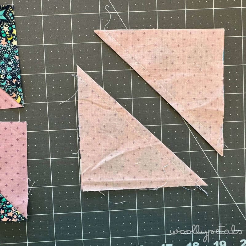 Woollypetals New Star quilt Stitch'N'Flip method showing sewn triangle corners