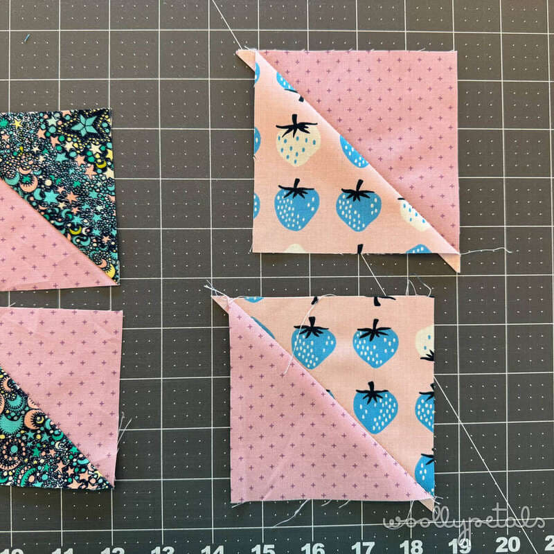 Woollypetals New Star Quilt stitch'n'flip technique with fabric squares on cutting mat