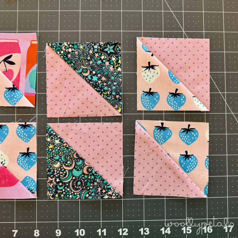 Woollypetals New Star quilt stitch'n'flip technique demonstration with fabric squares