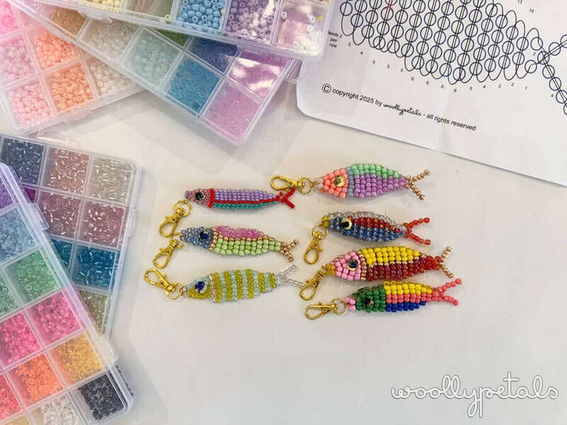 Beaded fish keychain charms in multiple colorful designs