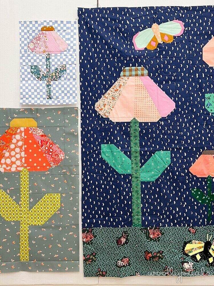 Woollypetals Echinacea Field Quilt Block in multiple sizes with fabric piecing