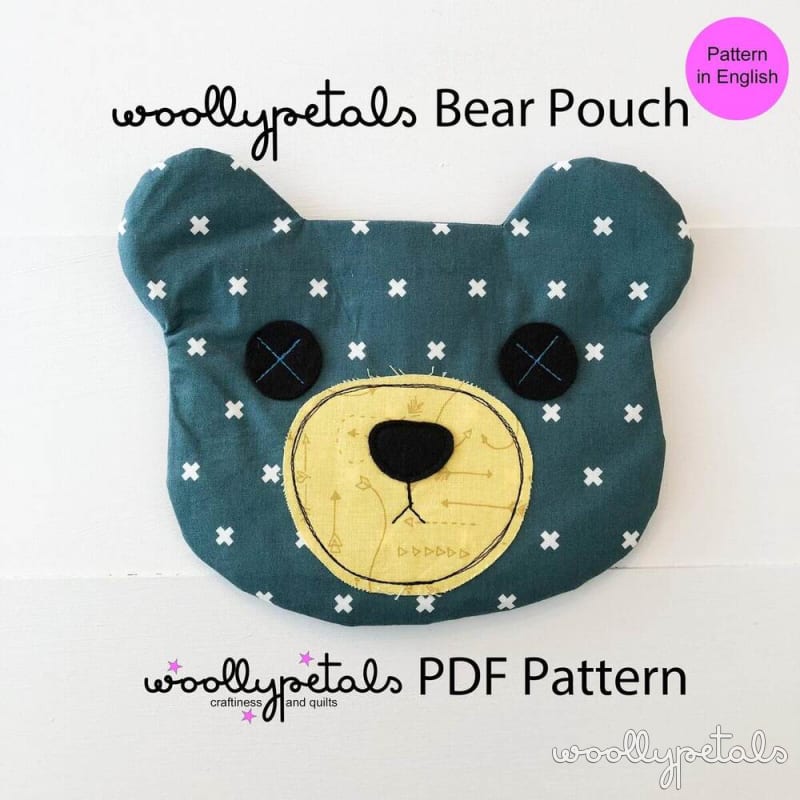 Woollypetals Bear Pouch with teal fabric and yellow muzzle