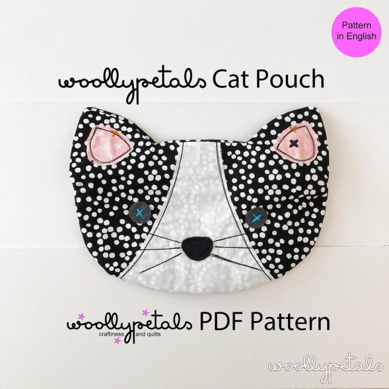 Woollypetals Cat Pouch sewing pattern with polka dot fabric and pink ears