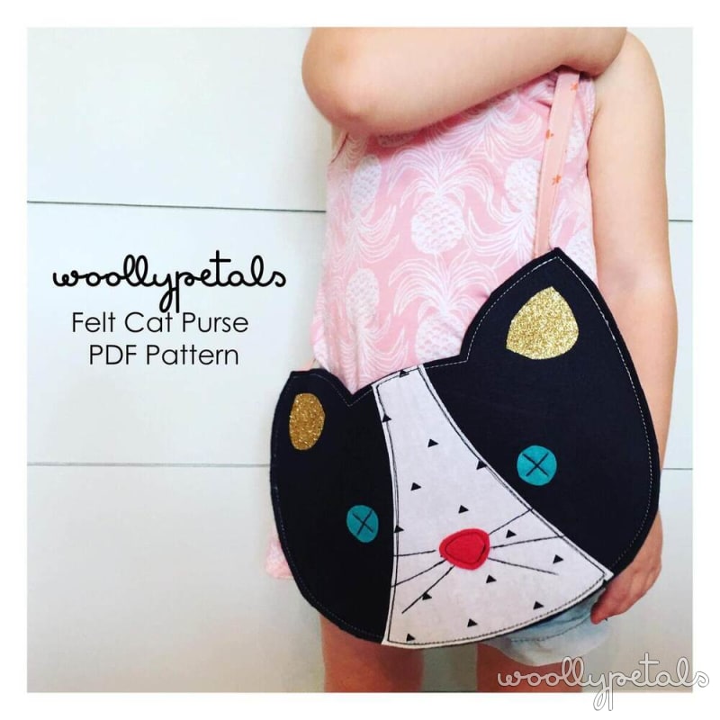 Woollypetals Felt Cat Purse in black and white with gold glitter ears