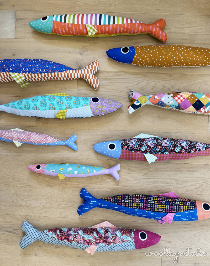 Woollypetals Sardine Pillow stuffed fish in various colorful fabrics