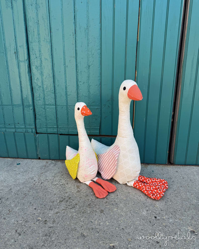 Woollypetals Silly Goose stuffed geese with colorful fabric wings and beaks