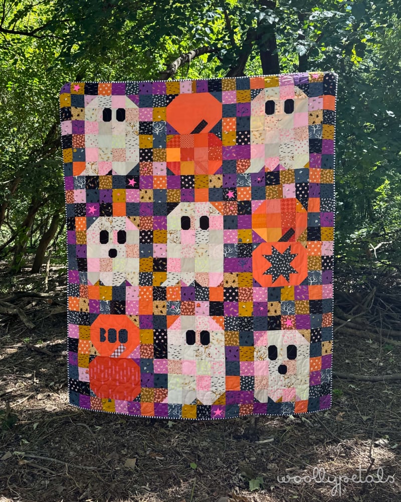 Woollypetals Ghost Party Pumpkin Expansion Pack quilt with colorful patchwork